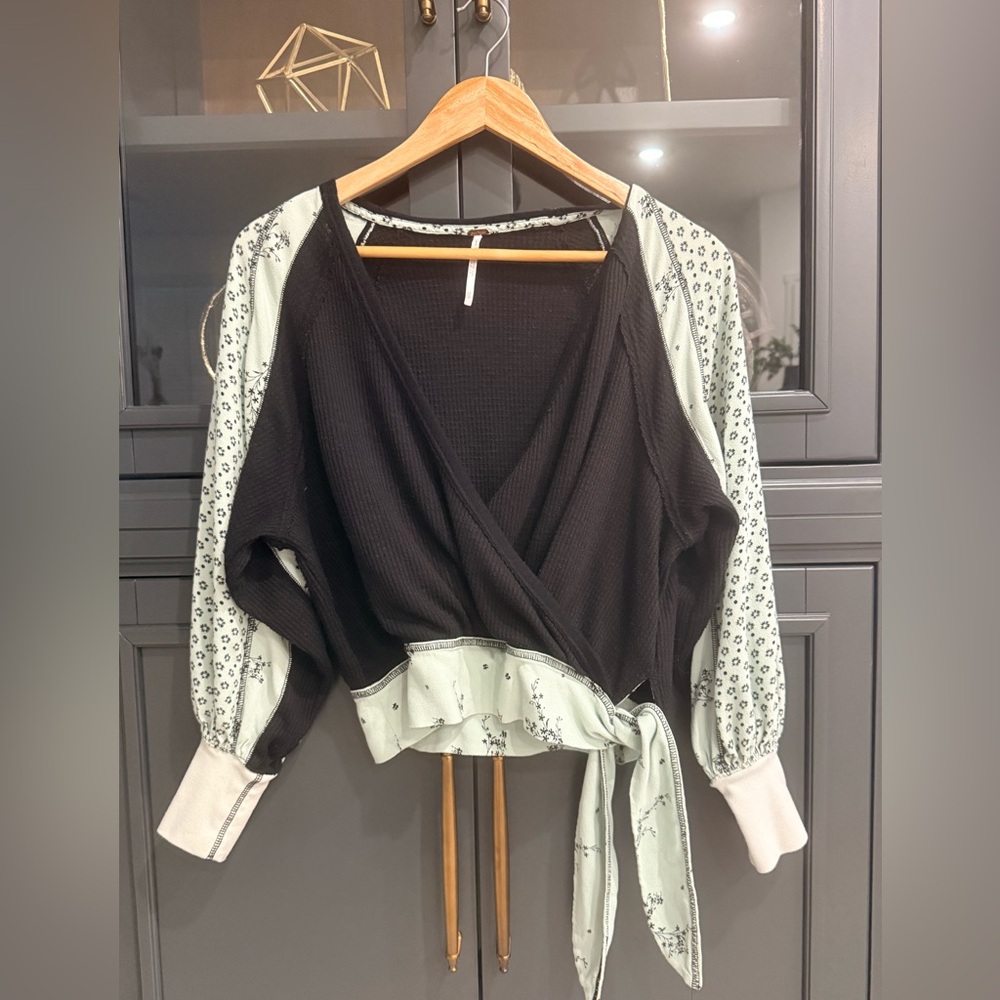 Free People Black and Soft Mint Green Floral Wrap Blouse